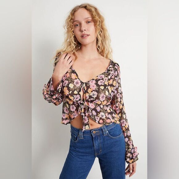 FREE PEOPLE Maybel Sheer Floral Tie Front Peplum Top Crop Black Pink Small New - Picture 1 of 15